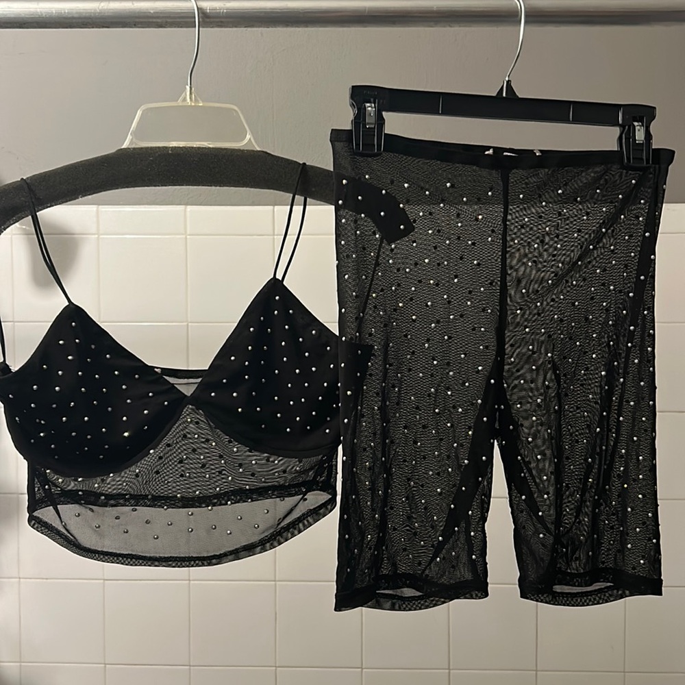 Sparkly 2 piece bralette and sheer biker shorts